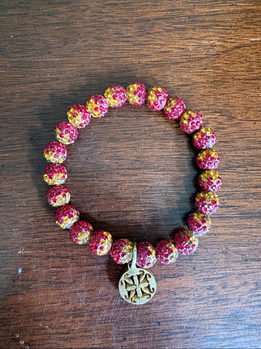 Rustic Cuff small EmersonBeaded Stretch Bracelet with Gold RC Charm - Red & Gold